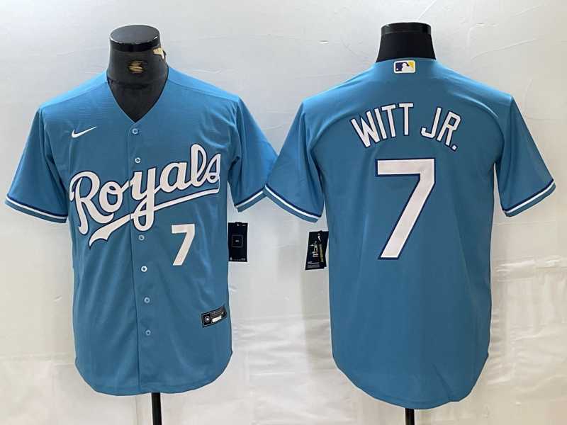 Mens Kansas City Royals #7 Bobby Witt Jr Number Light Blue Cool Base Stitched Jerseys